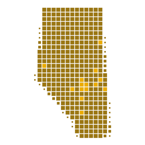 A graphic showing the approximate locations of courts in Alberta.