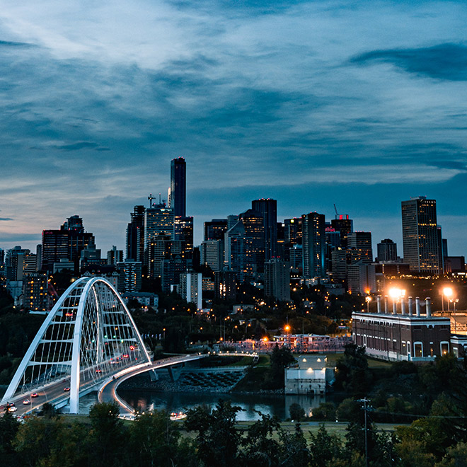 Downtown Edmonton at dusk, including the Walterdale bridge.