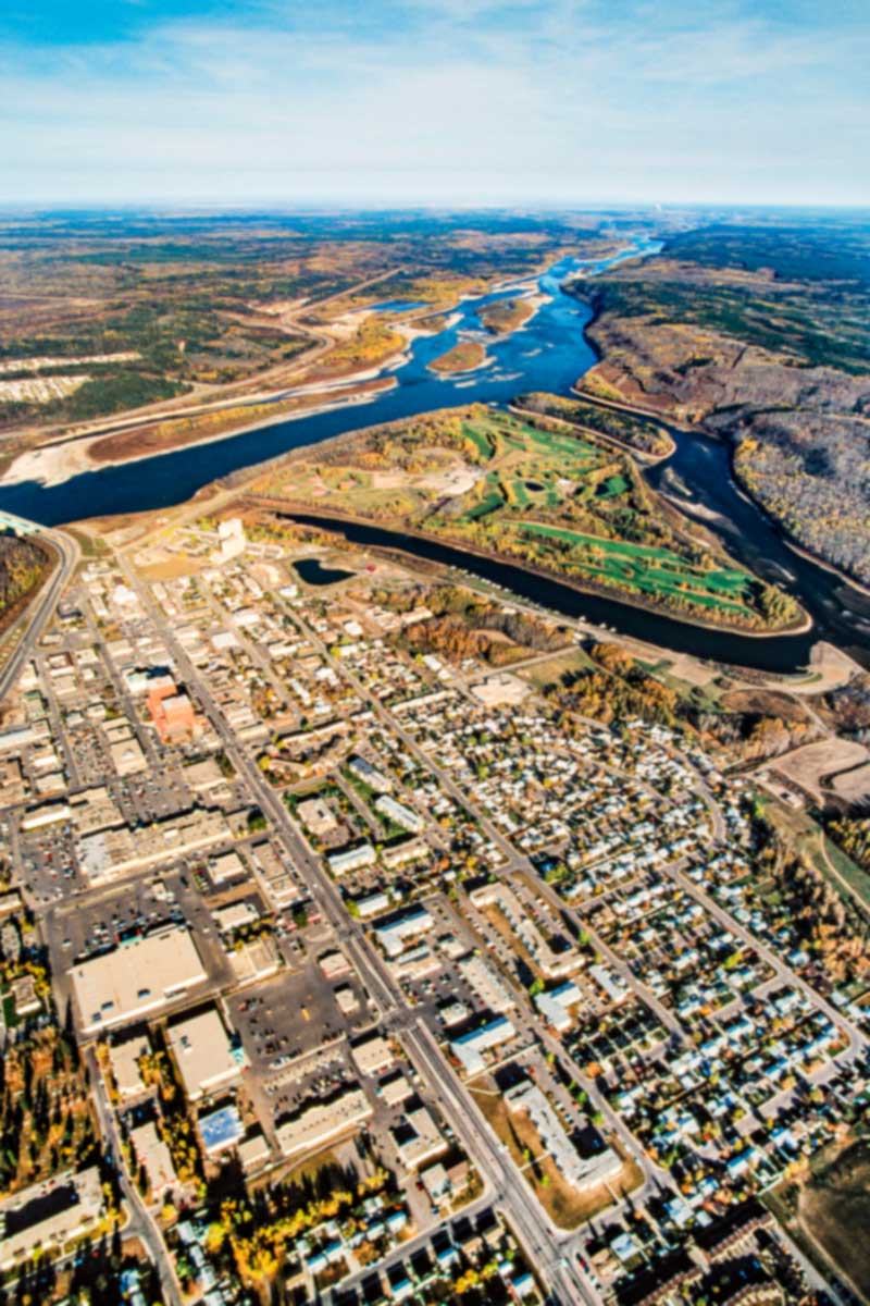 An aerial photo of downtown Fort McMurray, Alberta.